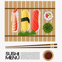 Conception de menu de sushi avec sushi sur un plateau en bois vecteur