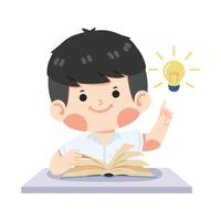enfant étudiant en train de lire livre avec idée lampe vecteur