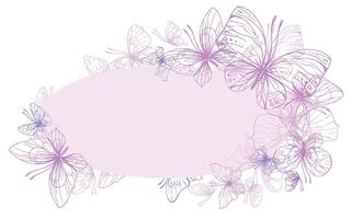 papillons sont rose, bleu, lilas, en volant, délicat avec ailes et éclaboussures de peindre. graphique illustration main tiré dans rose, lilas encrer. ovale cadre, modèle eps vecteur