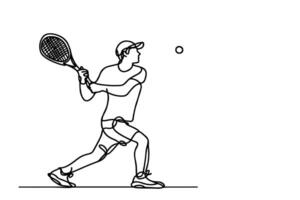 un continu noir ligne main dessin de homme en jouant tennis griffonnage linéaire dessin homme dessin animé palyer sur blanche. vecteur