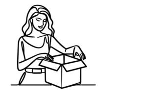 continu un Célibataire noir ligne dessin une femme en portant boîte ou présent et ouverture une boîte avec les pouces en haut vecteur