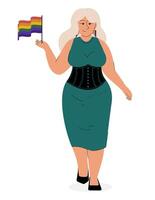 fille lesbienne lgbt concept illustration. Jeune femme tenir lgbtq arc en ciel drapeau. vecteur