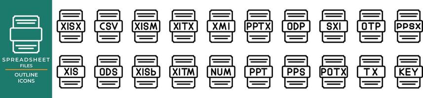 fichier type icône tableur ensemble. avec contour conception, document format des dossiers vecteur