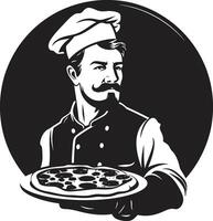 artisanal pizzaïolo élégant noir icône pour une captivant pizzeria Regardez pepperoni passion lisse illustration avec élégant Pizza chef chapeau vecteur
