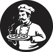 culinaire la maîtrise complexe noir emblème pour une moderne pizzeria Regardez artisanal pizzaïolo élégant icône avec lisse Pizza silhouette vecteur