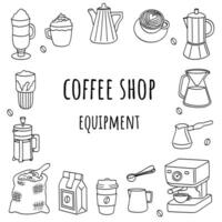 café magasin équipement. ensemble de griffonnage éléments. café fabricant, français presse, arabica haricots, les types de café. vecteur