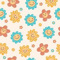 mignonne marrant kawaii sourire avec fleurs, sans couture modèle. bébé impression avec mignon, amusement polka point fleurs. vecteur