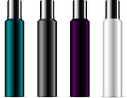 cosmétique bouteilles avec casquettes maquette emballage ensemble. pots pour déodorant, vaporisateur, sérum, cheveux réparation produit. différent Couleur conteneurs vert, violet, noir et blanc avec brillant noir couvercles. vecteur