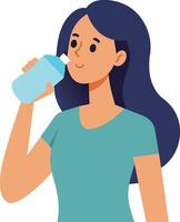 illustration de une femme soif et en buvant l'eau de une bouteille vecteur