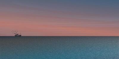 paysage marin avec pêche bateau suivi par mouettes à horizon illustration avoir spectaculaire ciel Contexte. le coucher du soleil à tropical bleu mer concept. vecteur