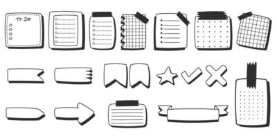 papier feuilles autocollant collection dans des bandes dessinées style, griffonnage noir et blanc note autocollants. Créatif journalisation et prendre des notes illustration. main tiré éléments ensemble. vecteur