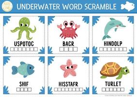 en dessous de le mer mot brouiller activité page. Anglais Langue Jeu avec pieuvre, dauphin, tortue, hippocampe pour enfants. océan la vie famille quiz avec étoile de mer et poisson. éducatif imprimable feuille de travail vecteur