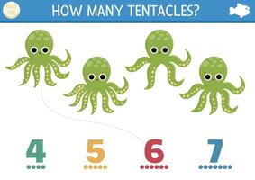 rencontre le Nombres en dessous de le mer Jeu avec poulpe et tentacules. océan la vie math activité pour préscolaire enfants. Marin éducatif compte feuille de travail avec mignonne l'eau animaux vecteur