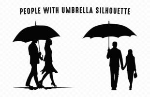 en marchant gens avec parapluie silhouette clipart sur une blanc Contexte vecteur