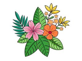 tropical fleurs et feuilles illustration. exotique flore art avec vibrant couleurs. concept de tropical nature, botanique, exotique végétaux, et été vibrations. isolé sur blanc Contexte. vecteur