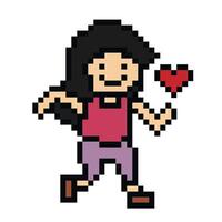 mignonne pixel dessin animé 8 bits personnage femme courir ou fonctionnement avec cœur mode de vie décoration la vie style 8 bit femelle fille marathon exercice aptitude . vecteur