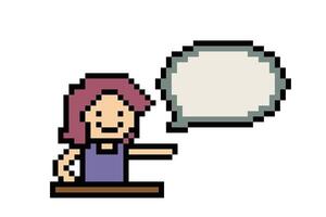 mignonne pixel dessin animé 8 bits personnage femme asseoir avec bavarder Vide décoration 8 bit femelle fille parler discuter idée bavarder boîte dessin animé pixel jeu. vecteur