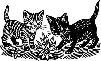 deux chats sont permanent dans le herbe dans cette gravure sur bois vecteur