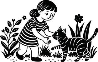 une noir et blanc illustration de une fille caresse une chat vecteur