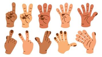 collection de geste panneaux de Humain mains. une ensemble de les doigts montrant émotions et directions. geste doigt dans plat conception. la communication expressions avec main signe dans branché style. vecteur