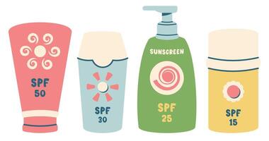 ensemble de crème solaire bouteilles isolé. différent crème solaire lotions, crèmes, gel dans Plastique Couleur emballage. plage articles pour été relaxant. été éléments pour en bonne santé sûr bronzage. illustration vecteur