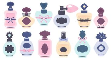 ensemble de parfum bouteilles. cosmétique des produits arôme essence dans verre paquets. arôme essence de différent formes, dessins et couleurs. plat illustration pour logo, mode et cosmétique industrie vecteur