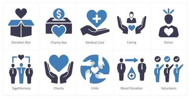 une ensemble de dix charité et don Icônes comme don boîte, charité boîte, médical se soucier vecteur