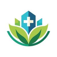 une bleu et vert maison avec une important traverser sur haut, une nettoyer et minimaliste conception pour une hôpital logo avec une concentrer sur bien-être vecteur