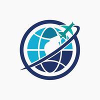 un avion dans vol cercles autour le Terre, mettant en valeur global Voyage et exploration, une minimaliste logo représentant une Satellite en orbite Terre pour une global nouvelles canal vecteur