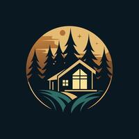 une maison est situé dans le milieu de une dense forêt, entouré par des arbres et nature, créer une lisse et élégant logo pour une boutique recours niché dans le forêt vecteur