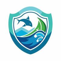 une dauphin sauts en dehors de le l'eau dans une bouclier conception, conception une logo cette transmet le importance de protéger notre océans dans une minimaliste esthétique vecteur