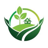 une vert feuille avec une maison sur haut, minimaliste conception pour une logo, créer une minimaliste conception cette encourage une plus vert façon de vivant vecteur