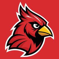 une rouge oiseau avec une Jaune le bec permanent sur une solide rouge arrière-plan, conception une cardinal oiseau sport mascotte logo et rouge oiseau animaux logo vecteur