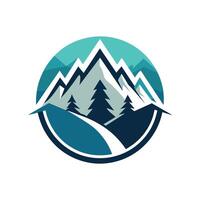 une lisse et moderne logo avec une Montagne avec des arbres dans le arrière-plan, créer une lisse et moderne logo pour une ski recours avec une minimaliste esthétique vecteur