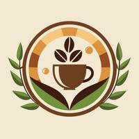 une café tasse avec feuilles arrangé autour il, intégrer éléments de café tasses et des haricots dans une simple, minimaliste logo vecteur