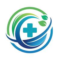 une bleu et vert logo avec une croix, symbolisant soins de santé et médical prestations de service, une nettoyer et minimaliste logo symbolisant soins de santé innovation vecteur