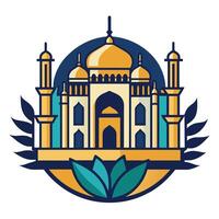 une blanc et Jaune bâtiment des stands grand en dessous de une clair bleu ciel, une nettoyer conception de le taj Mahal, minimaliste Facile moderne logo conception vecteur