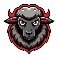 une détaillé vue de une des moutons tête avec frappant rouge yeux, ensemble contre une nettoyer blanc arrière-plan, noir mouton logo mascotte, distinctif illustration graphique vecteur
