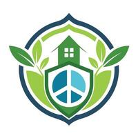 une vert maison orné avec feuilles et une paix signe symbole, artistique interprétation de Assurance couverture et paix de esprit vecteur
