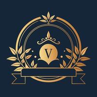 d'or emblème avec lettre v, élégant invitation carte conception pour une moderne mariage, minimaliste Facile moderne logo conception vecteur