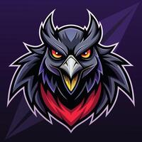 une noir oiseau avec rouge yeux des stands en dehors contre une vibrant violet arrière-plan, intimidant effrayant corbeau logo mascotte, frappant vecteur