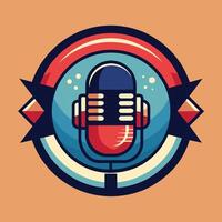 fermer de une microphone avec une rouge et bleu microphone sur haut, contre une plaine arrière-plan, Podcast radio logo icône. illustration vecteur
