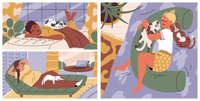 ensemble de content gens en train de dormir avec chats. animal de compagnie thérapie. des illustrations endormi Hommes et femmes avec animaux domestiques. concept de repos, relaxation. vecteur