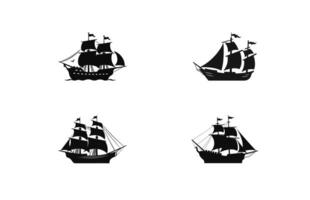 silhouette de une pirate navire ensemble, pirate bateaux et vieux différent en bois navires avec flottant drapeaux ensemble vecteur