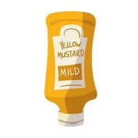 une Jaune Plastique bouteille de moutarde. isolé Jaune pot avec sauce. Étiquettes sur Étiquettes. adapté pour l'image de marque assaisonnement, La publicité pique-niques, épicerie fine les menus et cuisine les blogs. illustration vecteur