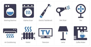 une ensemble de dix Accueil appareils électroménagers Icônes comme la lessive machine, vêtements séchoir, électrique dentifrice vecteur