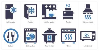 une ensemble de dix Accueil appareils électroménagers Icônes comme réfrigérateur, congélateur, café fabricant vecteur