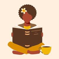 africain américain magnifique femelle étudiant est assis avec un ouvert livre et lit pieds nus dans le bibliothèque avec une tasse de thé. le concept de en ligne éducation et utile en train de lire vecteur