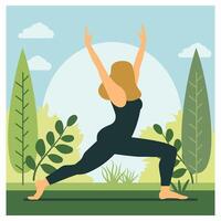 femme est pratiquant yoga pose sport méditation dans le parc avec plante vecteur