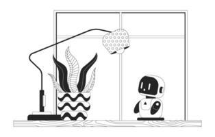 petit un compagnon robot sur bureau Bureau noir et blanc dessin animé plat illustration. étude copain bot dessus de la table lampe plante d'appartement 2d lineart intérieur isolé. sensationnel étonné monochrome scène contour image vecteur